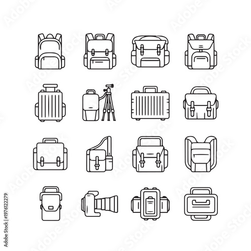 Diverse Backpacks and Camera Bags Line Icons CollectionMinimalist Vector Graphics