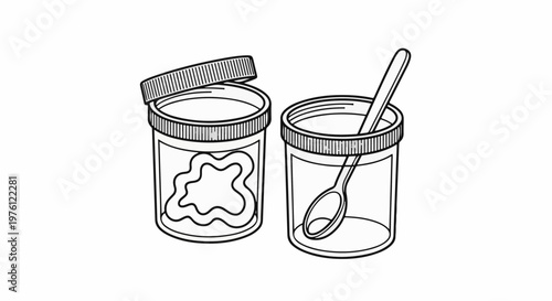 Two containers, one with a splatter and open lid, the other with a spoon