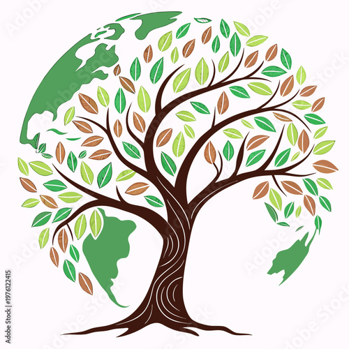 Ecological planet concept with artistic tree and earth map shape as crown featuring green and brown leaves representing global nature conservation.