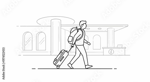 A stylized traveler with a backpack and wheeled suitcase walks past a building