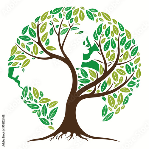 Human faces forming profile from tree leaves and branches within globe shape symbolizing interconnectedness of humanity environment and nature's embrace.