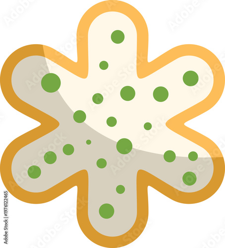 Snowflake shaped cookie with white icing and green sprinkles on a white background
