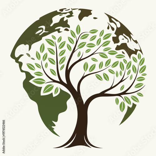 Tree growing from profile silhouette of human face merging with earth continents representing environmental awareness and connection between mankind and nature.