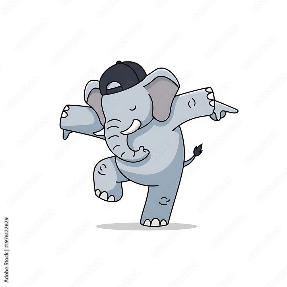 Fototapeta premium A cartoon elephant wearing a cap is shown in a dynamic pose. It's balancing on one foot, arms outstretched, and making a gesture
