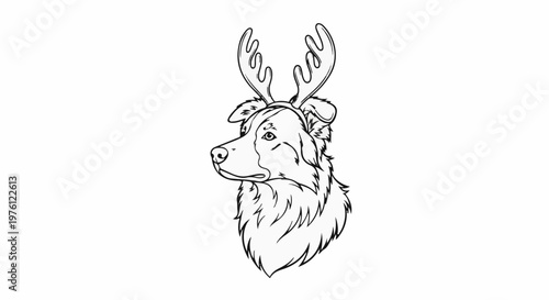 A black and white line drawing of a dog with antler headband