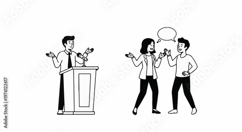 A speaker addresses an audience while two people converse with speech bubbles