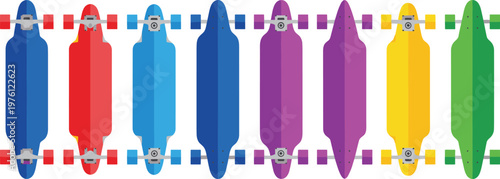 Set of Eight Colorful Longboard Skateboards Top View Illustration Isolated on White Background for Sports, Recreation, and Urban Lifestyle Design