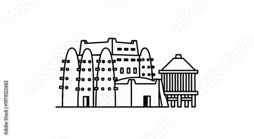 Stylized outline of a village with unique bulbous structures and a temple