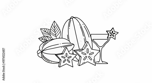 A stylized line drawing of star fruit and a martini glass with star fruit garnish