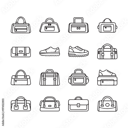 Duffel bags and sneakers collection in simple line art style for travel and fitness