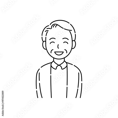 目も笑っているシニア男性の笑顔 シンプルイラスト 線のみ