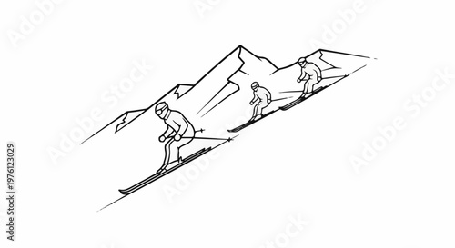 Three skiers descend a snowy mountain slope