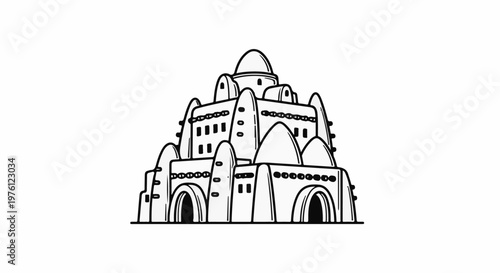 Stylized, layered adobe-style building with domes and arched entrances