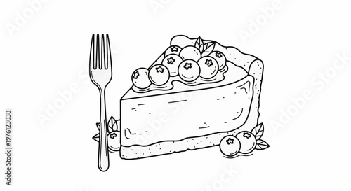 A single slice of cheesecake topped with blueberries and a fork