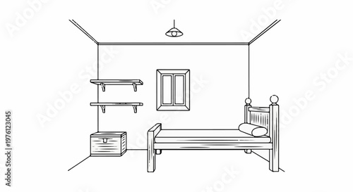 Simple room illustration with a bed, chest, shelves, window and lamp