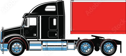 Black semi truck vector illustration with red cargo container box for commercial transportation and logistics isolated on white background