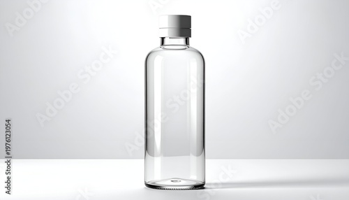 A tall, transparent bottle with a white cap, standing on a white surface against a white background, lit from the top
