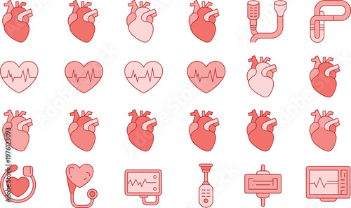 Cardiology Medical Icon Set with Anatomical Heart ECG Monitor Stethoscope IV Drip and Healthcare Symbols in Soft Red Filled Style
