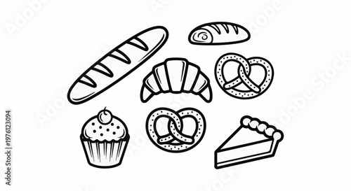 Simple line art featuring a variety of baked goods including bread, croissant, cupcake, pretzels, and pie