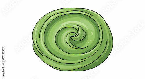 A top-down view of a green, swirled dollop of creamy paste