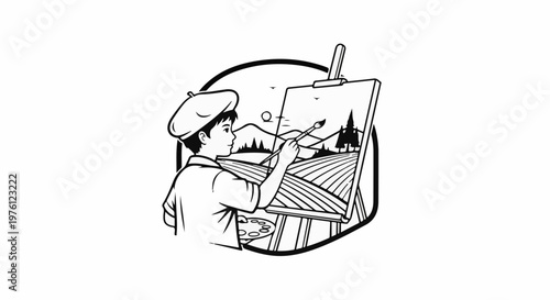 A young artist in a beret paints a landscape on an easel in black and white