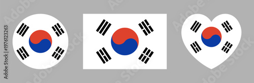 Flag of South Korea. South Korean heart, circle, rectangle flag logo, icon, sticker. South Korea rectangular, round, heart flag badge, button. National flag background, banner.