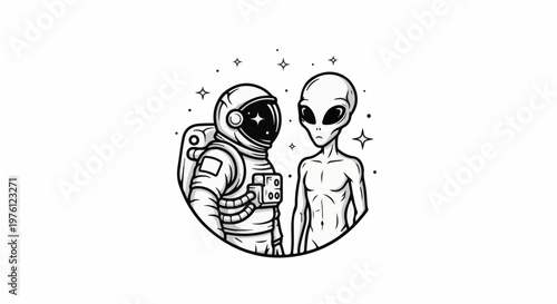 An astronaut meets an alien amidst twinkling stars in a circular frame