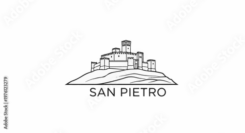 Detailed black and white line drawing of a medieval castle on a hill