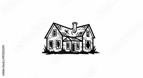 Dilapidated wooden house with broken windows and a chimney