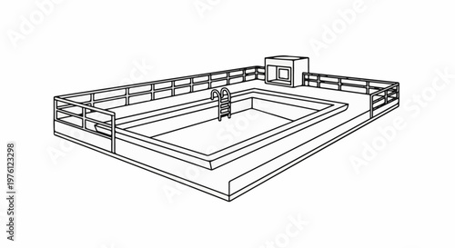 Outdoor swimming pool with railing and a small structure at the corner