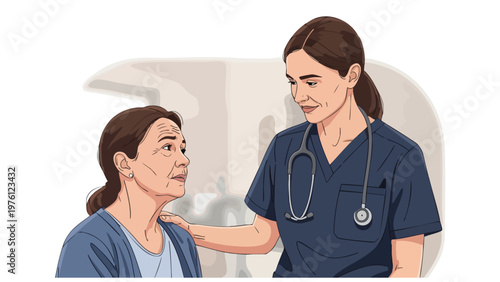 Nurse comforting patient, healthcare consultation, medical support, elder care assistance