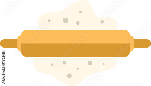 Rolling pin spreading flour and dough, showing a baking process