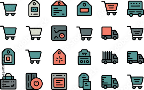 Shopping cart tag and delivery truck icons in teal and coral