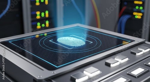Biometric Fingerprint Scanner Security System with Server Rack Background