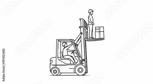 Forklift lifts worker on platform with boxes to high shelf