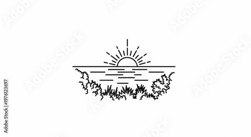 Minimalist sunrise over water with shoreline vegetation