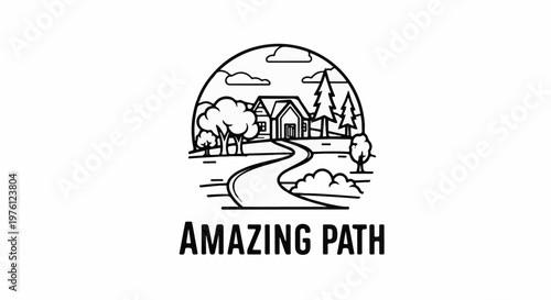 A winding road leads to a house through trees under a semicircular sky