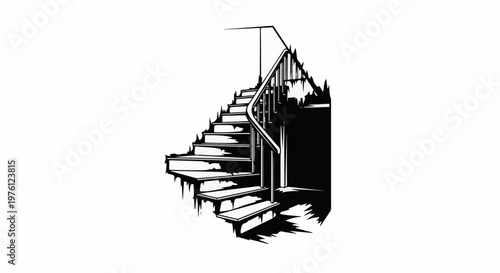 Black and white illustration of a spiral staircase with a railing