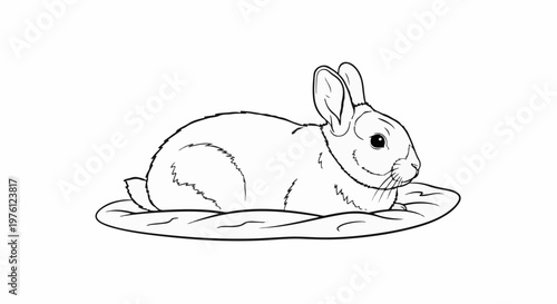 Black and white outline drawing of a cute fluffy rabbit lying down