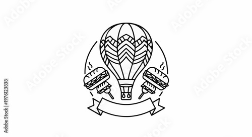 Hot air balloon and sandwiches framed with ribbon and curves