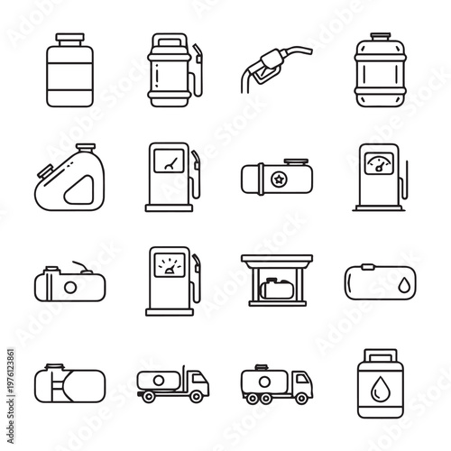 Fuel containers and pumps icons various types of gas canisters and service stations linear design