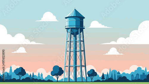 Tall water tower stands against a colorful sky with clouds.