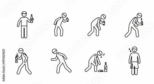Eight minimalist stick figures depict various stages of drinking and intoxication