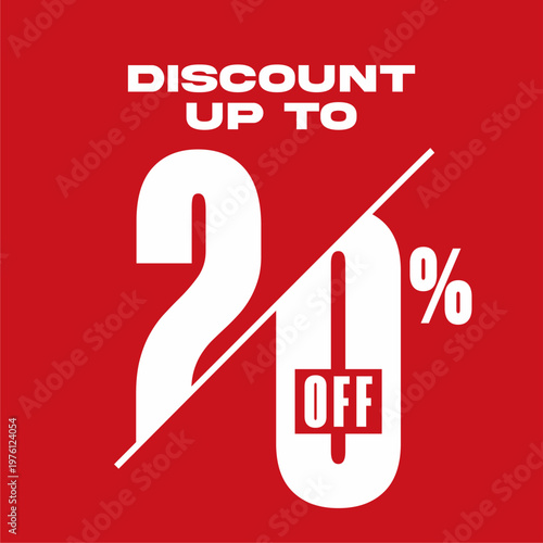 White twenty percent discount graphic on a red background with a price tag icon