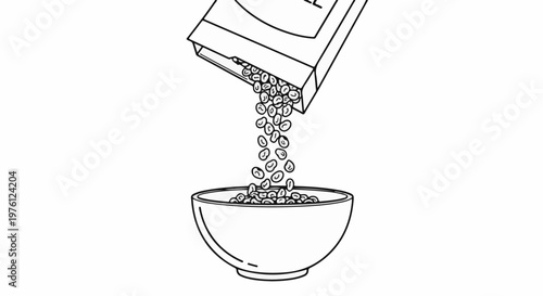 Cereal pouring from box into bowl, line art illustration