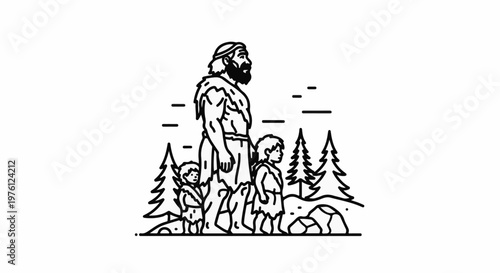 Primitive family walks through a forest with trees and rocks