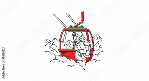 Person in ski gear rides red ski lift, views mountains and clouds