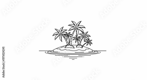 Black and white illustration of a tropical island with palm trees and water
