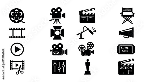 Black film production icons on white background.