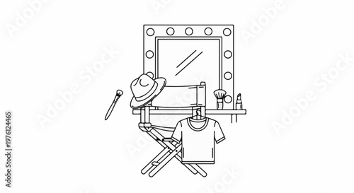 Makeup station with director's chair, hat, shirt, mirror, and brushes